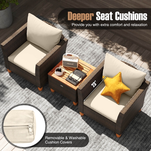 Costway 3 PCS Outdoor Patio Rattan Bistro Furniture Set Wooden Table Top Cushioned Sofa Gray/Black/Beige/Navy