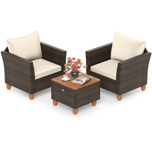 Costway 3 PCS Outdoor Patio Rattan Bistro Furniture Set Wooden Table Top Cushioned Sofa Gray/Black/Beige/Navy