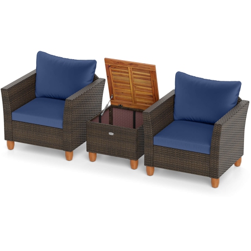 Costway 3 PCS Outdoor Patio Rattan Bistro Furniture Set Wooden Table Top Cushioned Sofa Gray/Black/Beige/Navy