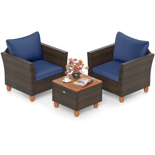 Costway 3 PCS Outdoor Patio Rattan Bistro Furniture Set Wooden Table Top Cushioned Sofa Gray/Black/Beige/Navy