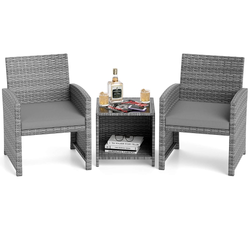 Costway 3 PCS Patio Furniture Set with Tempered Glass Coffee Table & Soft Seat Cushions Gray/Black/White