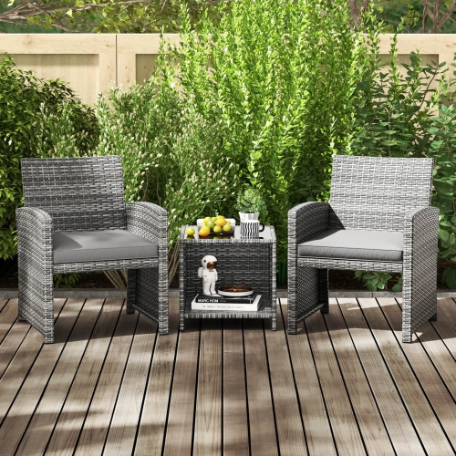 Costway 3 PCS Patio Furniture Set with Tempered Glass Coffee Table & Soft Seat Cushions Gray/Black/White
