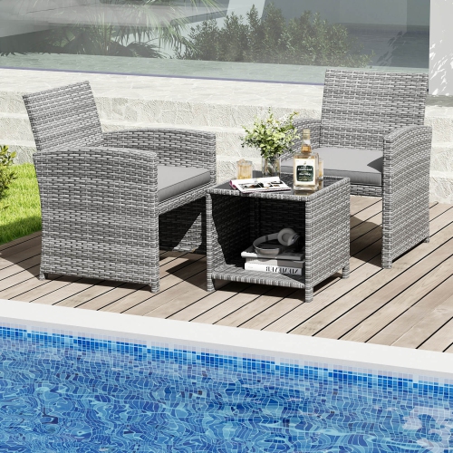 Costway 3 PCS Patio Furniture Set with Tempered Glass Coffee Table & Soft Seat Cushions Gray/Black/White