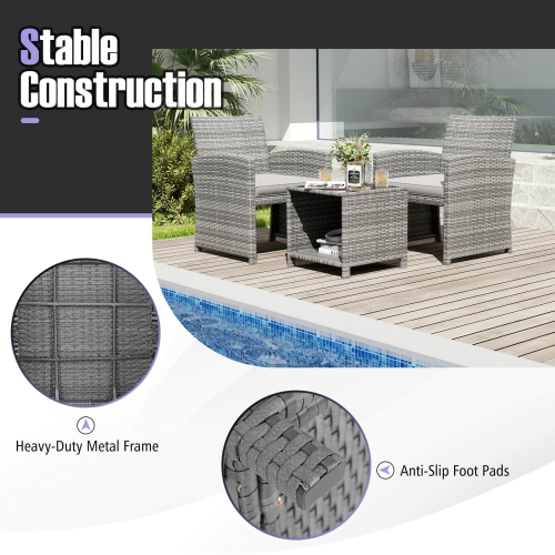 Costway 3 PCS Patio Furniture Set with Tempered Glass Coffee Table & Soft Seat Cushions Gray/Black/White