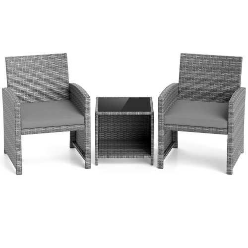 Costway 3 PCS Patio Furniture Set with Tempered Glass Coffee Table & Soft Seat Cushions Gray/Black/White