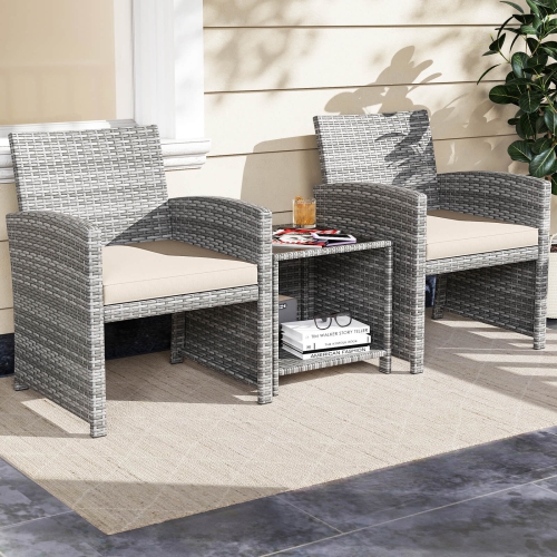 Costway 3 PCS Patio Furniture Set with Tempered Glass Coffee Table & Soft Seat Cushions Gray/Black/White