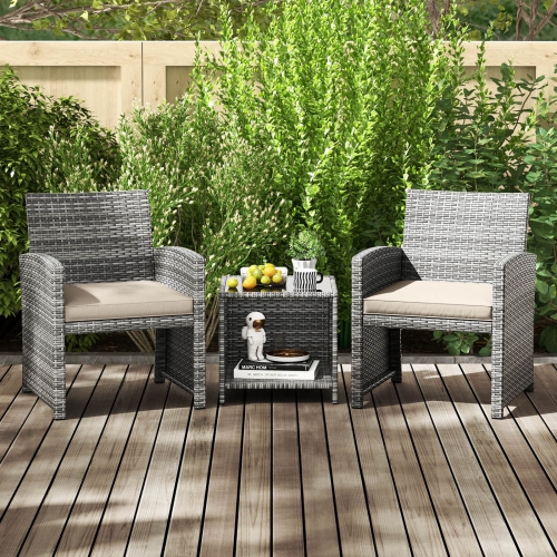 Costway 3 PCS Patio Furniture Set with Tempered Glass Coffee Table & Soft Seat Cushions Gray/Black/White