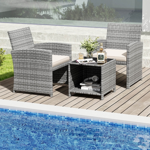 Costway 3 PCS Patio Furniture Set with Tempered Glass Coffee Table & Soft Seat Cushions Gray/Black/White