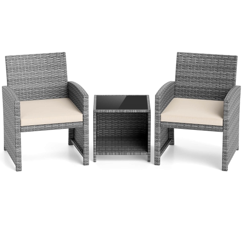 Costway 3 PCS Patio Furniture Set with Tempered Glass Coffee Table & Soft Seat Cushions Gray/Black/White