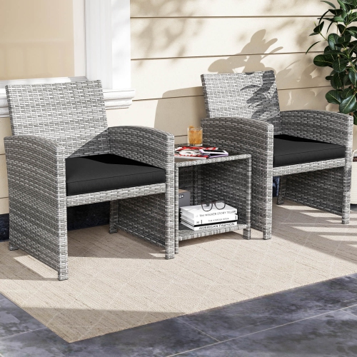 Costway 3 PCS Patio Furniture Set with Tempered Glass Coffee Table & Soft Seat Cushions Gray/Black/White