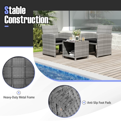 Costway 3 PCS Patio Furniture Set with Tempered Glass Coffee Table & Soft Seat Cushions Gray/Black/White