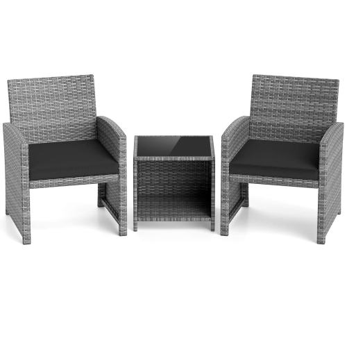 Costway 3 PCS Patio Furniture Set with Tempered Glass Coffee Table & Soft Seat Cushions Gray/Black/White