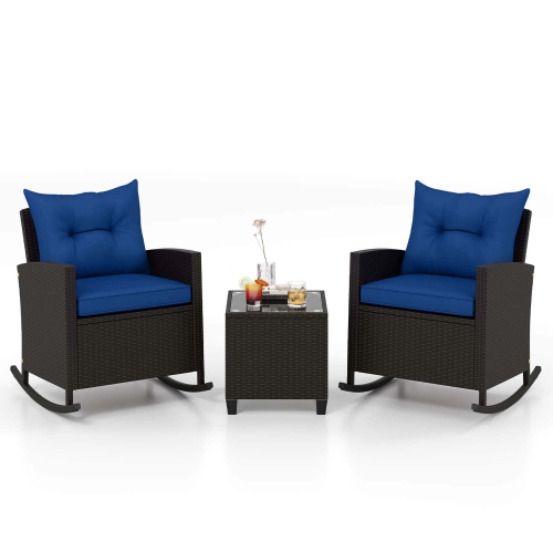 COSTWAY  3 PCs Patio Wicker Rocking Set With Tempered Glass Table & Soft Cushions Outdoor Beige/navy/ In Black/red