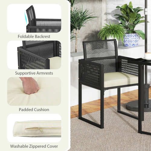 Ensemble de meubles de patio en osier PE 3 PCS de Costway&nbsp;– Chaises coussinées avec dossier pliable, arrière-cour noir/blanc