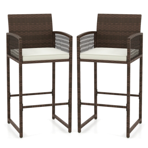 Costway Patio Bar Stools Set of 2/4 PE Rattan Bar Height Chairs with Backrests & Armrests