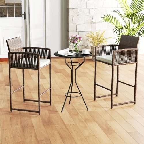 Costway Patio Bar Stools Set of 2/4 PE Rattan Bar Height Chairs with Backrests & Armrests