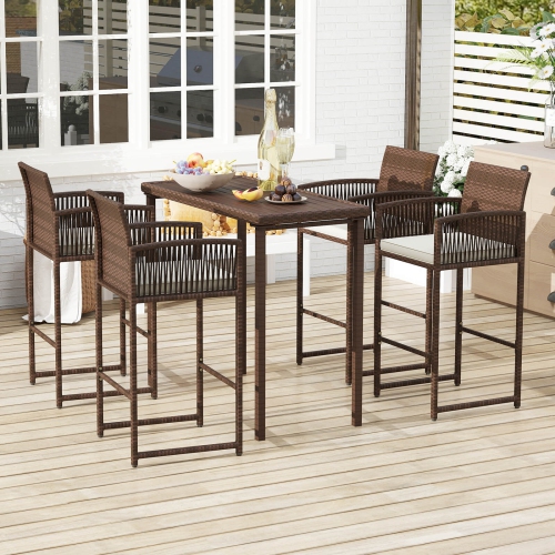 Costway Patio Bar Stools Set of 2/4 PE Rattan Bar Height Chairs with Backrests & Armrests