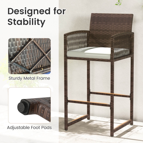 Costway Patio Bar Stools Set of 2/4 PE Rattan Bar Height Chairs with Backrests & Armrests