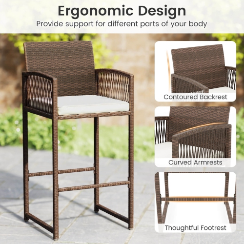 Costway Patio Bar Stools Set of 2/4 PE Rattan Bar Height Chairs with Backrests & Armrests