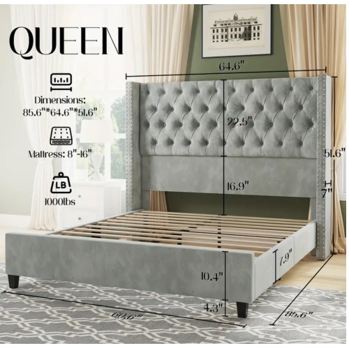 Upholstered Bed Frame with 51.6" Wingback Headboard/Velvet Fabric/Deep Button Tufting/Nail Head Trim