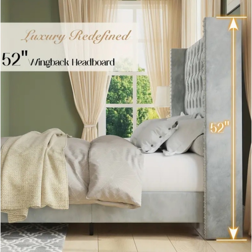 Upholstered Bed Frame with 51.6" Wingback Headboard/Velvet Fabric/Deep Button Tufting/Nail Head Trim