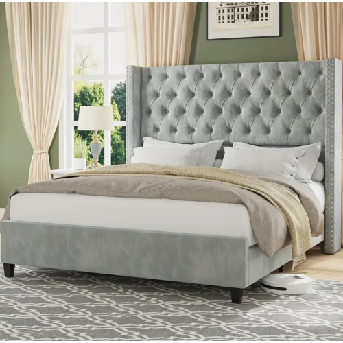 Upholstered Bed Frame with 51.6" Wingback Headboard/Velvet Fabric/Deep Button Tufting/Nail Head Trim