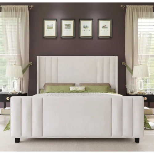 Platform Bed Frame, Upholstered Bed With Vertical Channel Tufted Wingback Headboard & Footboard, Premium Velvet, No Box Spring Needed