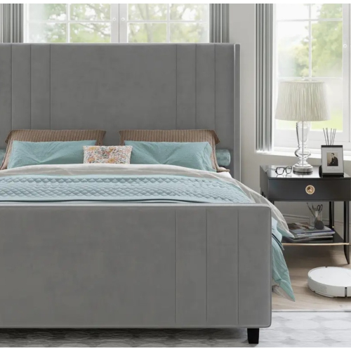 Platform Bed Frame, Upholstered Bed With Vertical Channel Tufted Wingback Headboard & Footboard, Premium Velvet, No Box Spring Needed