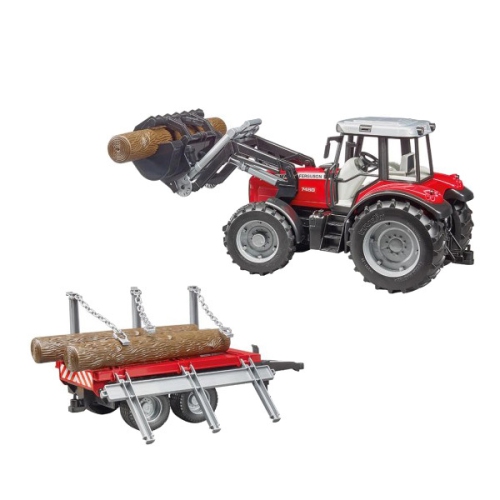 Massey Ferguson 7480 avec chargeur frontal et remorque à bois