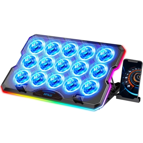 AIMIUZI  Laptop Cooling Pad – Gaming Laptop Cooler \w 15 Fans, RGB Lighting, 7 Adjustable Heights, Dual USB Ports, Phone Stand, Compatible \w