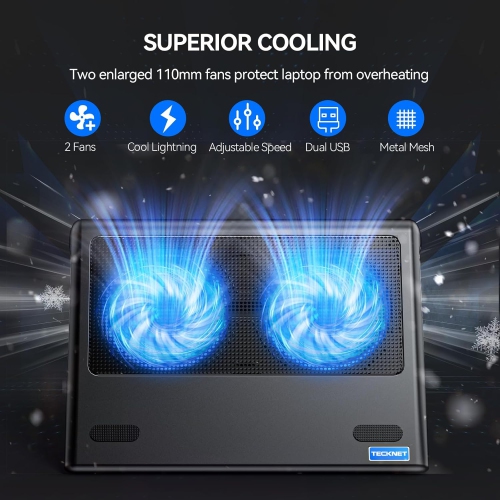 TECKNET Laptop Cooling Pad – Adjustable Wind Speed, Dual USB Powered Fans for 12"-15.6" Laptops, Gaming Cooling Stand, Portable Design