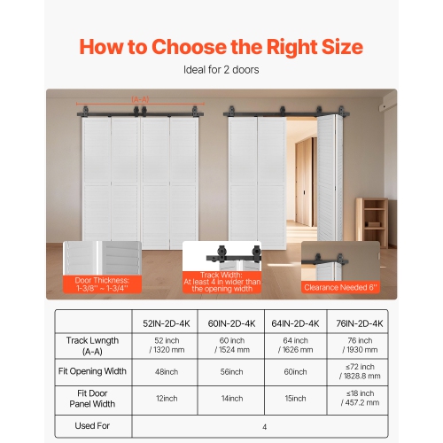 VEVOR 60" Bi-Folding Sliding Barn Door Hardware Track Kit, Top Mount Track Kit, Slide Smoothly & Quietly, Easy to Install, for Four 14" Closet Pantry