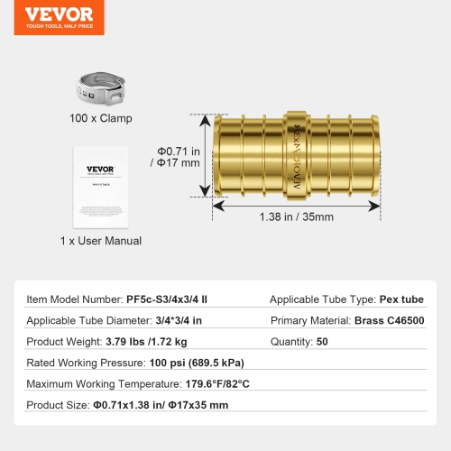 VEVOR 3/4" 50PCS Brass Pipe Fittings, Clamp-style Straight-Through Pipe Connector Brass Air Fittings, Plumbing Fittings Tube Adapter for