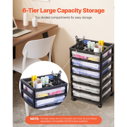 VEVOR 6-Tier Scrapbook Rolling Storage Cart, Large Capacity with Organizer Top, Black Frame with 4 Wheels, PP Material Cart Only, Rolling Craft