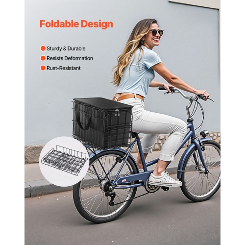 VEVOR Rear Bike Basket, Wire Bicycle Basket with Cargo Net, Removable Liner Bag & Waterproof Cover, Quick Release Design Bike Basket for Adult