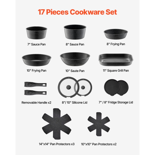 VEVOR 17 Piece Pots and Pans Set, Granite Nonstick Detachable Handle Cookware, Space Saving Induction Cookwares, Kitchen RV Cooking Sets with
