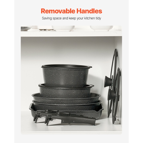 VEVOR 17 Piece Pots and Pans Set, Granite Nonstick Detachable Handle Cookware, Space Saving Induction Cookwares, Kitchen RV Cooking Sets with