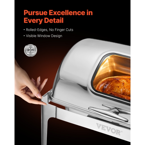 VEVOR 9 Qt Roll Top Chafing Dish Buffet Complete Set,1 Pack Stainless Steel Chafer with 2 Half Size Pans, Rectangle Catering Warmer Server with