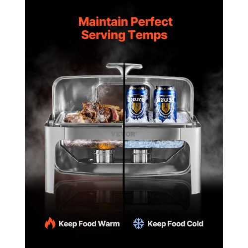 VEVOR 9 Qt Roll Top Chafing Dish Buffet Complete Set,1 Pack Stainless Steel Chafer with 2 Half Size Pans, Rectangle Catering Warmer Server with