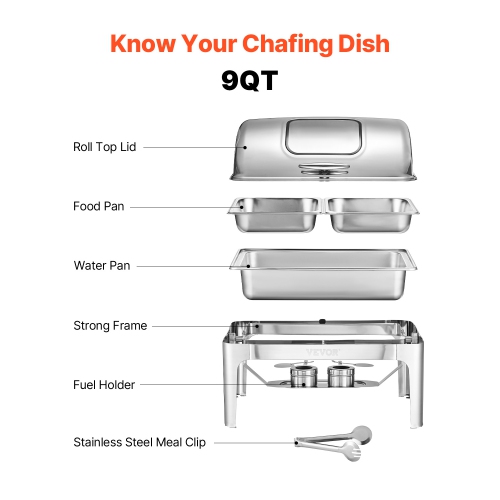VEVOR 9 Qt Roll Top Chafing Dish Buffet Complete Set,1 Pack Stainless Steel Chafer with 2 Half Size Pans, Rectangle Catering Warmer Server with