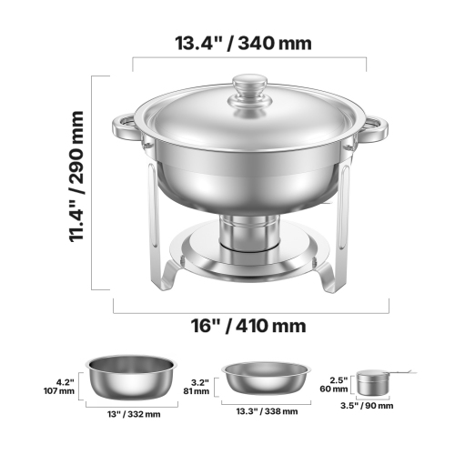 VEVOR 5 Qt 4 Pack Chafing Dish Buffet Set,Stainless Steel Chafer with 4 Full Size Pans, Round Catering Warmer Server with Lid Water Pan Folding Stand