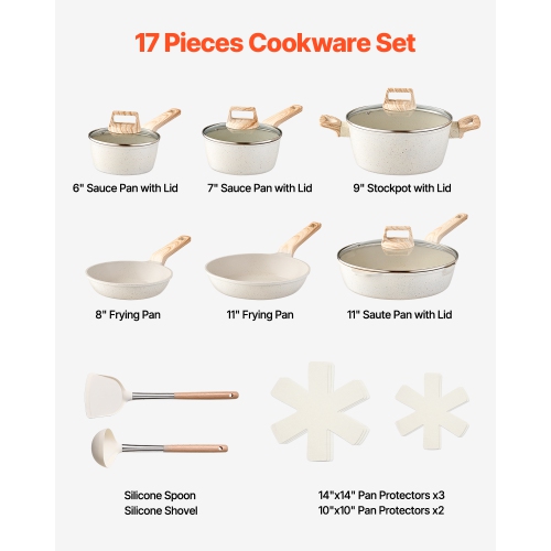 VEVOR 17 Piece Pots and Pans Set,Granite Nonstick Cookware Set,Induction Cookwares, Kitchen RV Cooking Sets with Frying, Sauce, Saute,Tempered Glass
