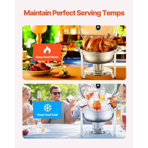 VEVOR 5 Qt 4 Pack Chafing Dish Buffet Set, Stainless Steel Chafer with 4 Full Size Pan, Round Catering Warmer Server with Glass Lid Water Pan Folding