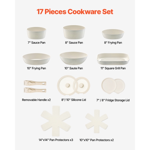 VEVOR 17 Piece Pots and Pans Set Nonstick, Detachable Handle Cookware, Space Saving Induction cookware set,Kitchen RV Cooking Sets,with