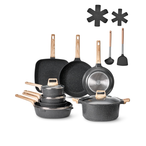 VEVOR 19 Piece Pots and Pans Set, Granite Nonstick Cookware Set, Induction Cookwares, Kitchen RV Cooking Sets with Frying,Sauce, Saute,Tempered Glass