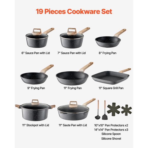 VEVOR 19 Piece Pots and Pans Set, Granite Nonstick Cookware Set, Induction Cookwares, Kitchen RV Cooking Sets with Frying,Sauce, Saute,Tempered Glass