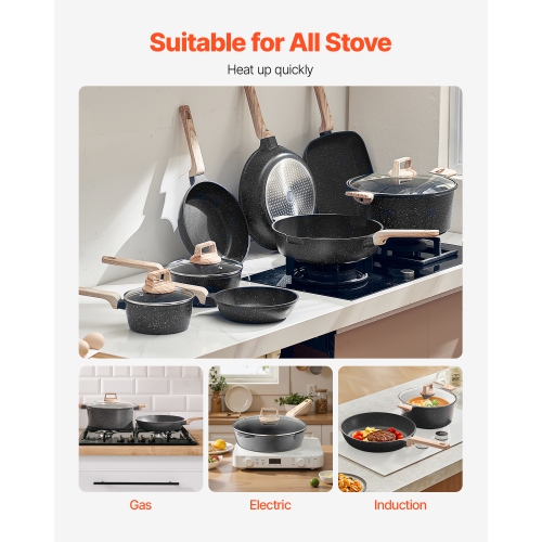 VEVOR 19 Piece Pots and Pans Set, Granite Nonstick Cookware Set, Induction Cookwares, Kitchen RV Cooking Sets with Frying,Sauce, Saute,Tempered Glass