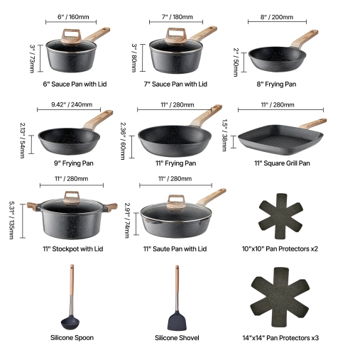 VEVOR 19 Piece Pots and Pans Set, Granite Nonstick Cookware Set, Induction Cookwares, Kitchen RV Cooking Sets with Frying,Sauce, Saute,Tempered Glass