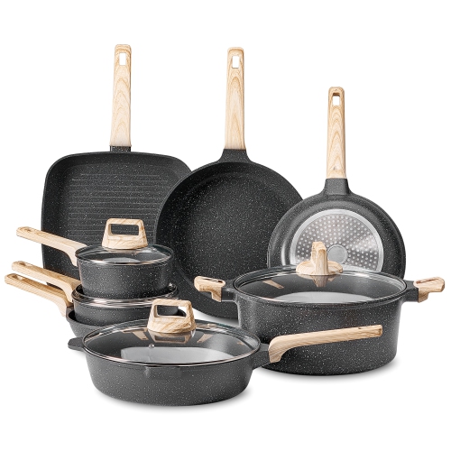 VEVOR 19 Piece Pots and Pans Set, Granite Nonstick Cookware Set, Induction Cookwares, Kitchen RV Cooking Sets with Frying,Sauce, Saute,Tempered Glass