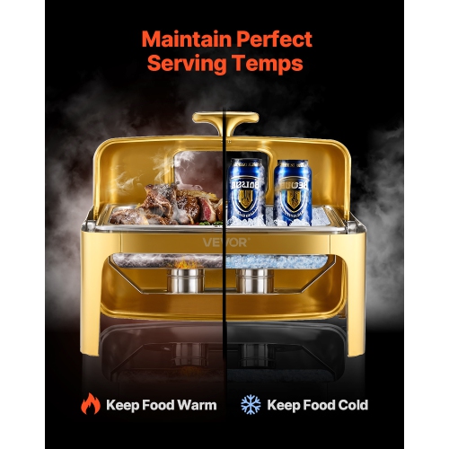 VEVOR 9Qt Roll Top Chafing Dish Buffet Complete Set, Stainless Steel Chafer with Full Size Pan, Rectangle Catering Warmer Server with Visible Lid